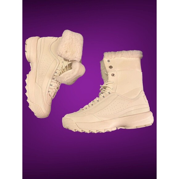 FILA DISRUPTOR BOOT FUR OFF WHITE IVORY LACE UP FUR LINING WOMENS BOOTS - Picture 2 of 16